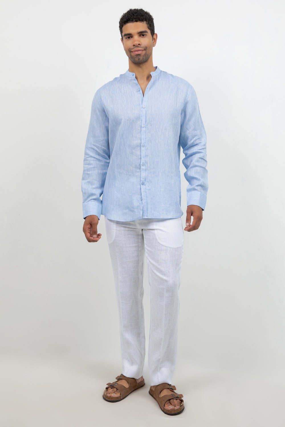 Camisa 100% lino de manga larga con cuello mao