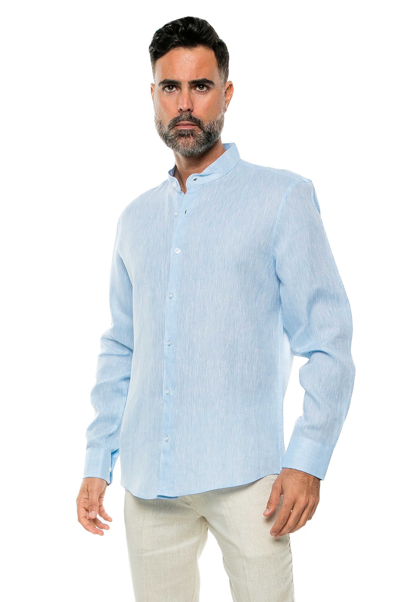 Casual Yarn Dyed Linen Mandarin Collar Long Sleeve Button Down Shirt