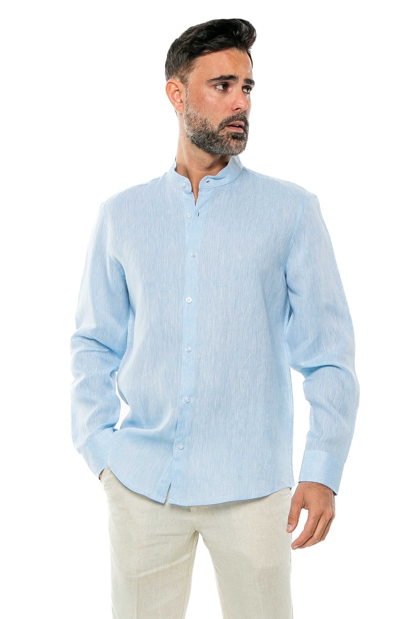 Men's 100% Linen Mandarin Collar Long Sleeve Shirt