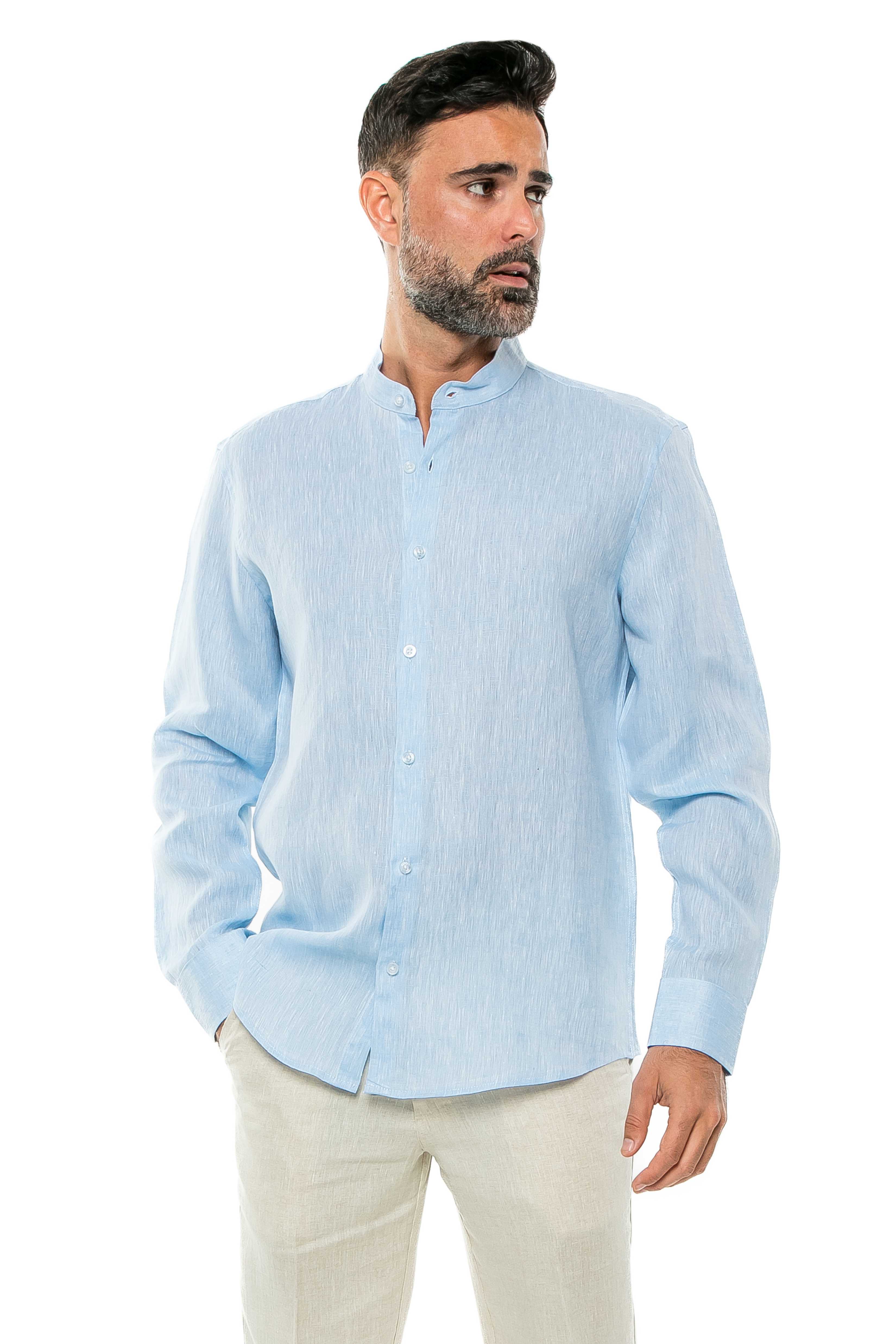 Camisa de manga larga con cuello mandarín, 100 % lino teñido en hilo