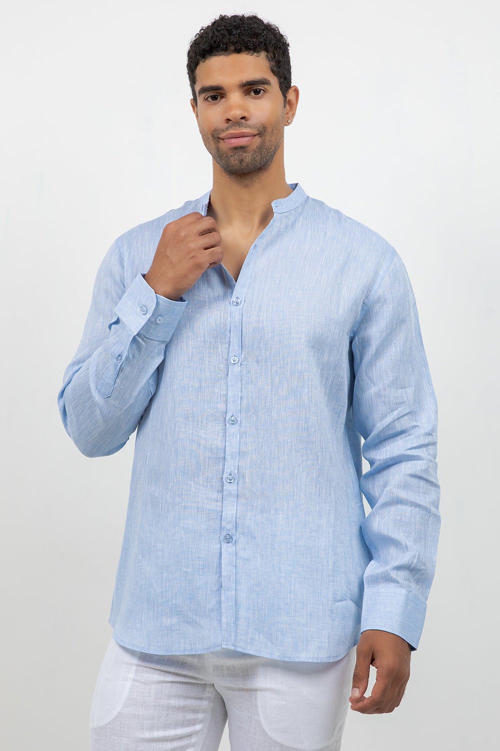 Camisa 100% lino de manga larga con cuello mao