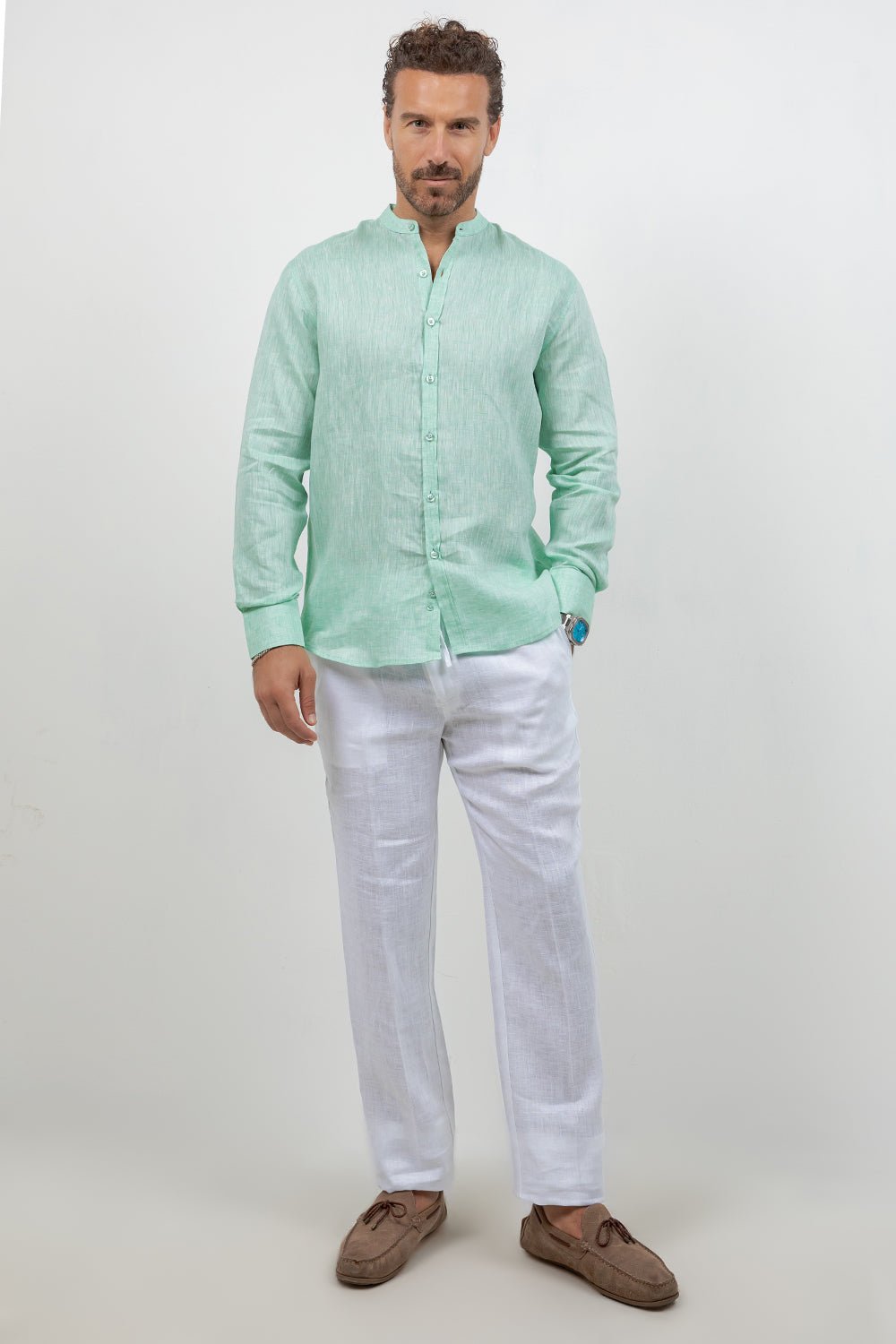 Camisa 100% lino de manga larga con cuello mao