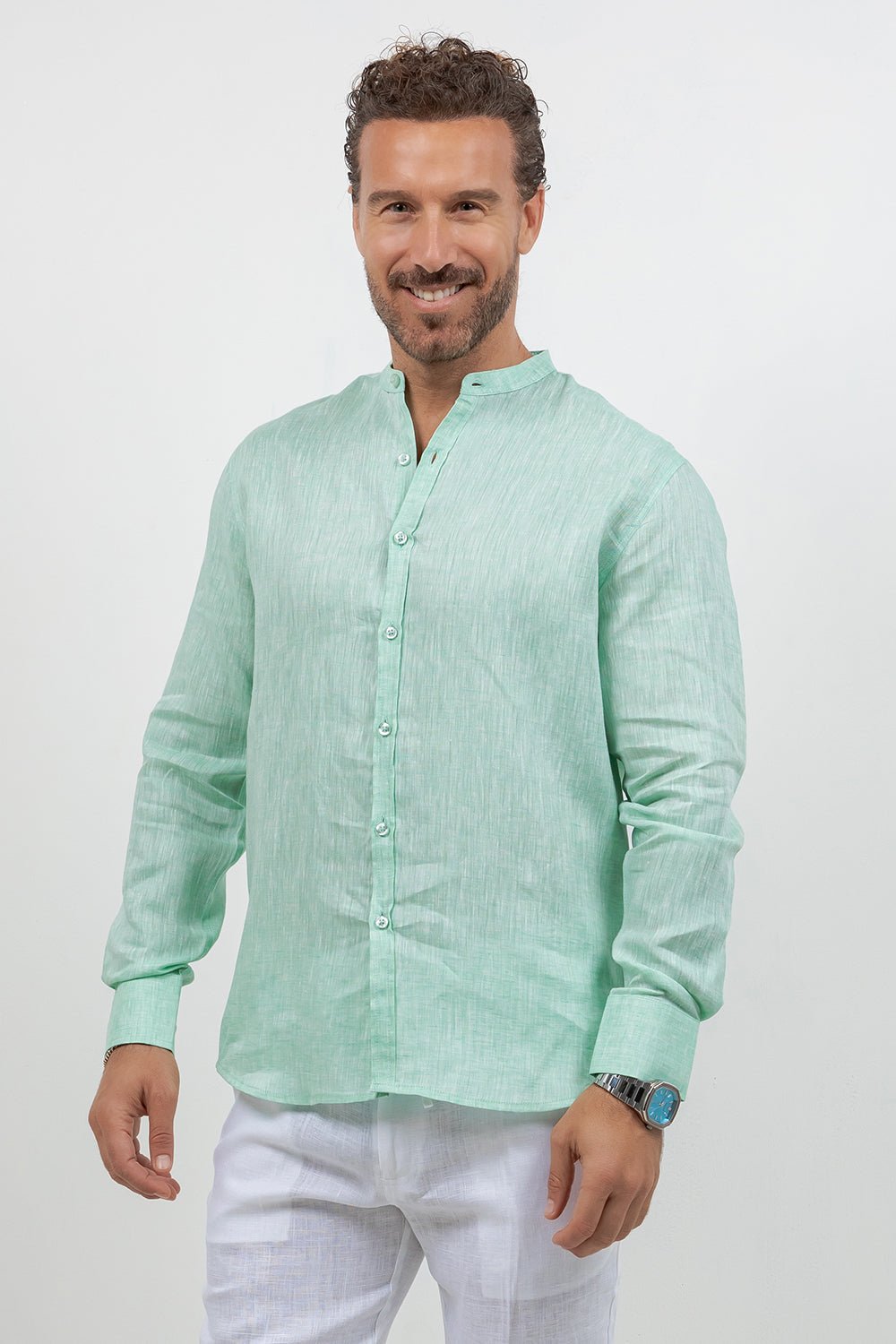 Camisa 100% lino de manga larga con cuello mao