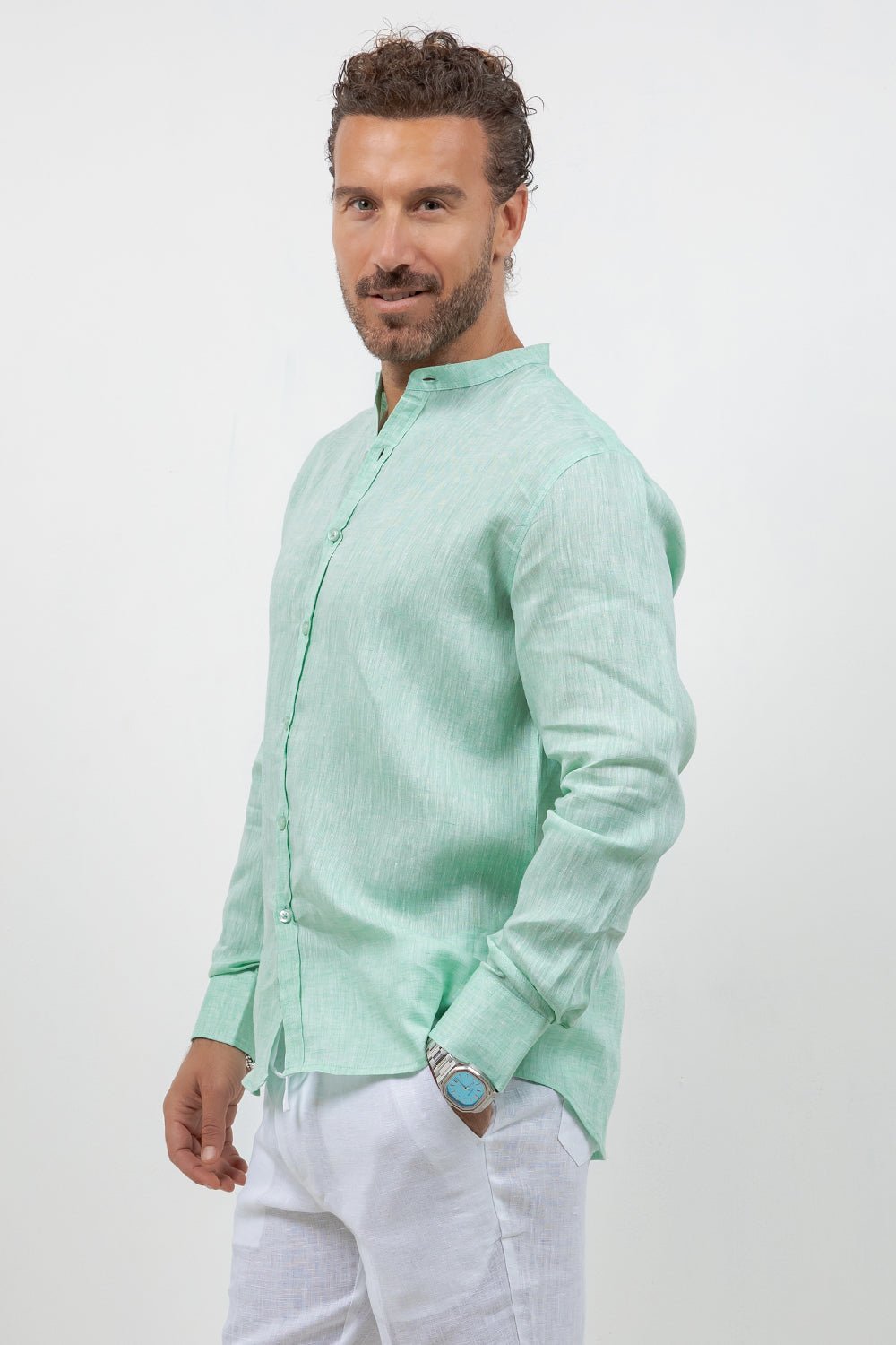 Camisa 100% lino de manga larga con cuello mao