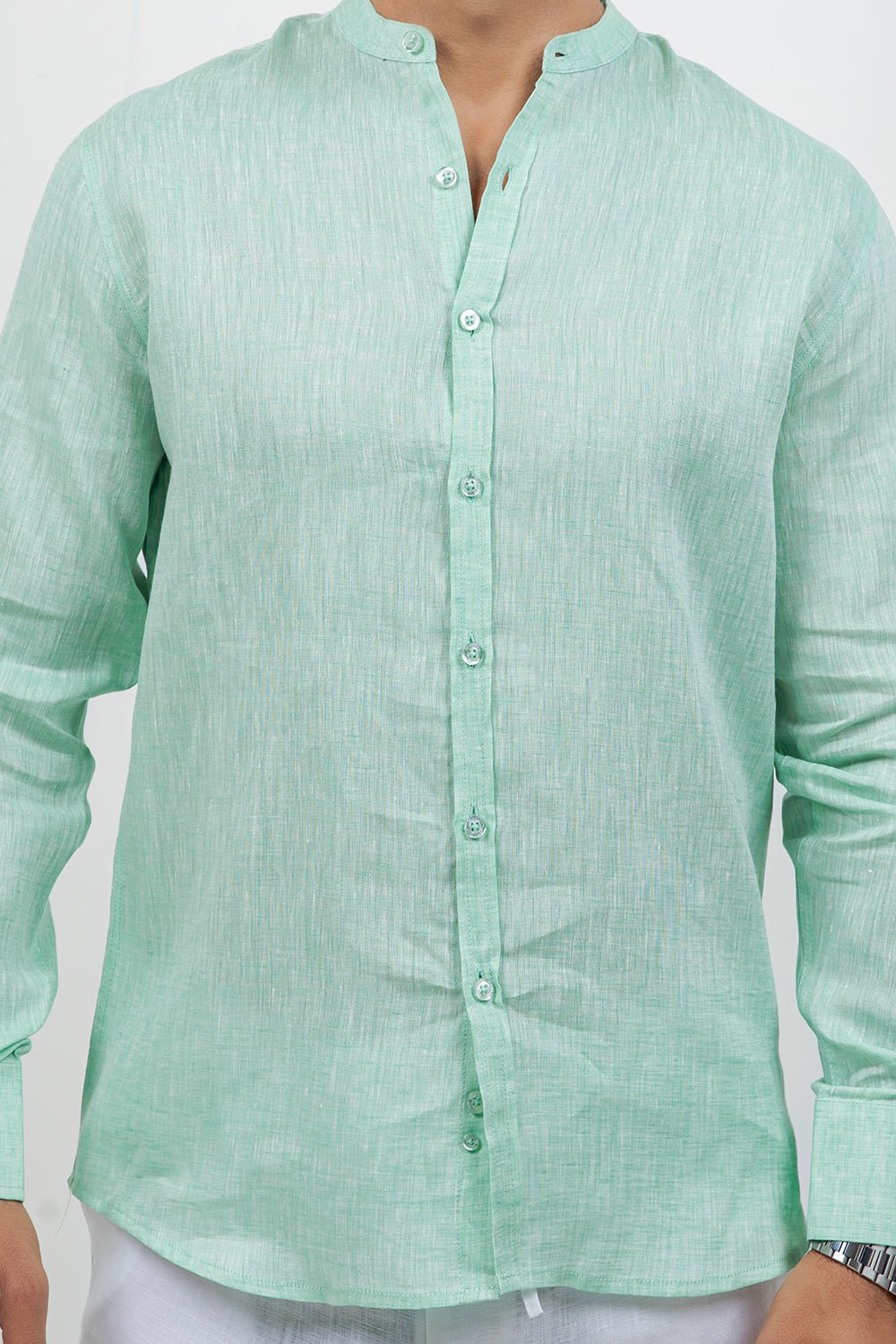 Camisa 100% lino de manga larga con cuello mao