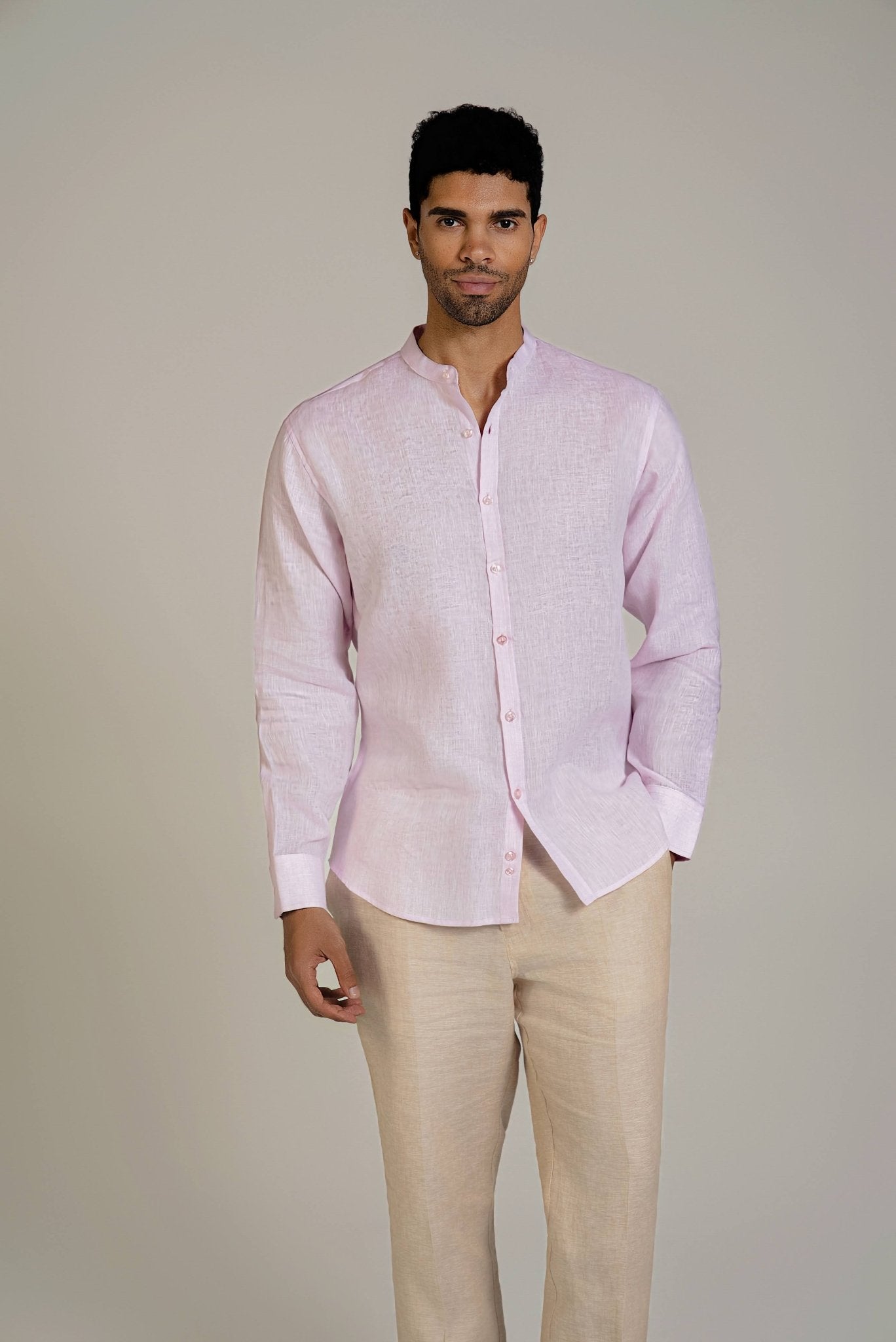 Camisa 100% lino de manga larga con cuello mao