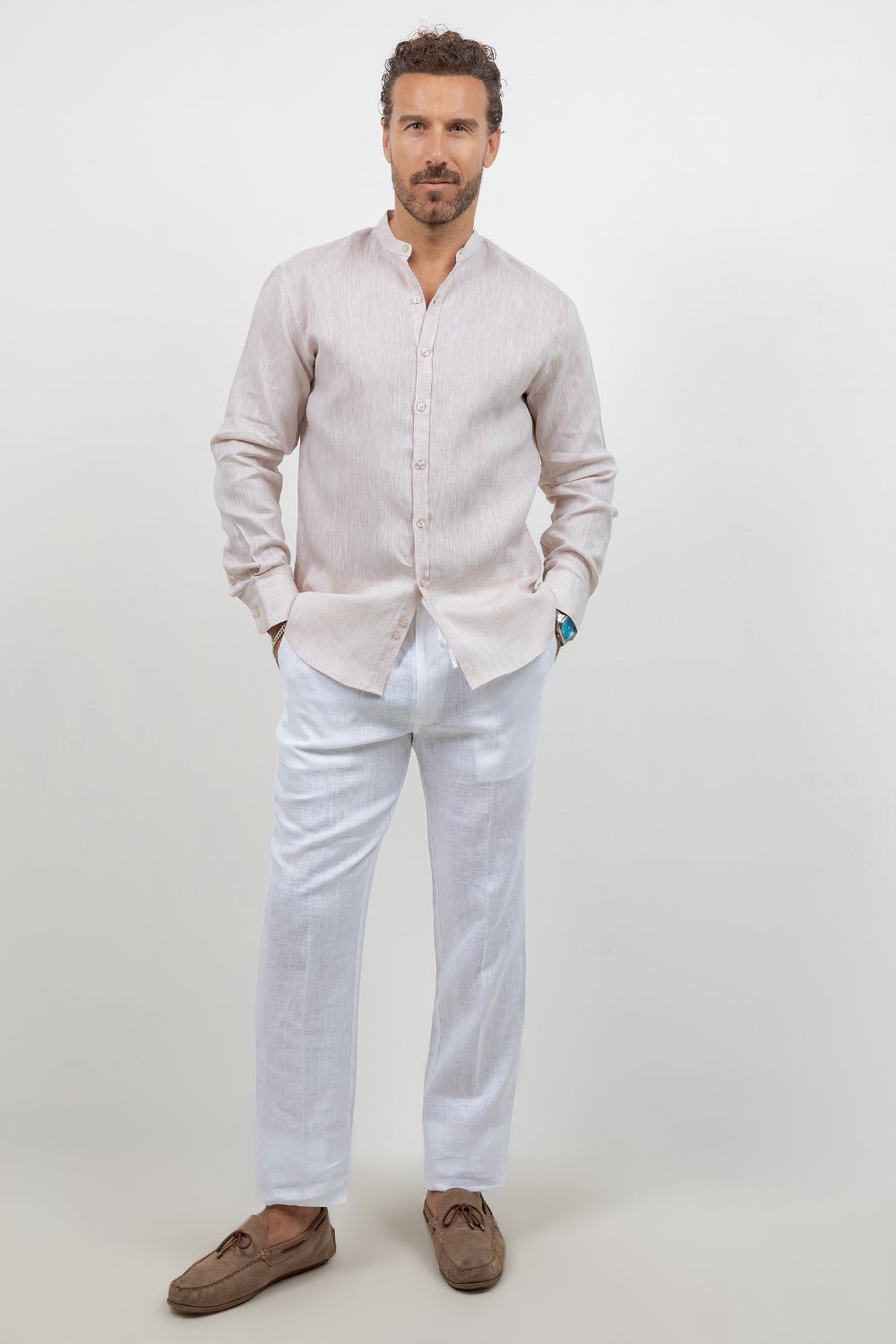 Camisa 100% lino de manga larga con cuello mao