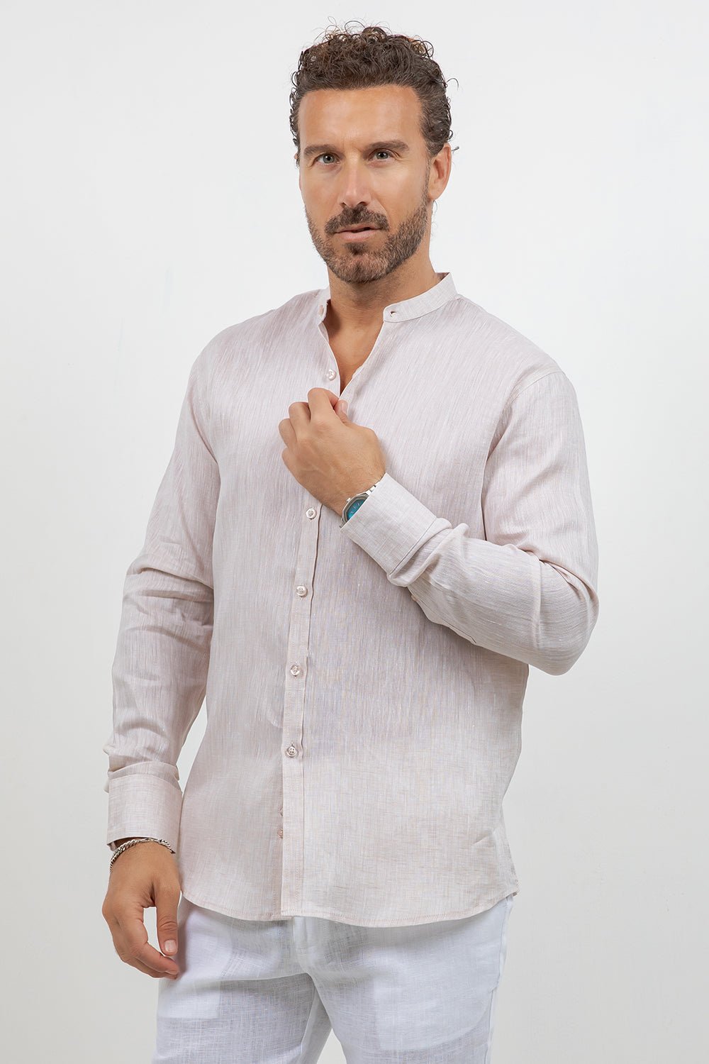 100% Linen Yarn Dyed Mandarin Collar Long Sleeve Shirt X-Large / PINK