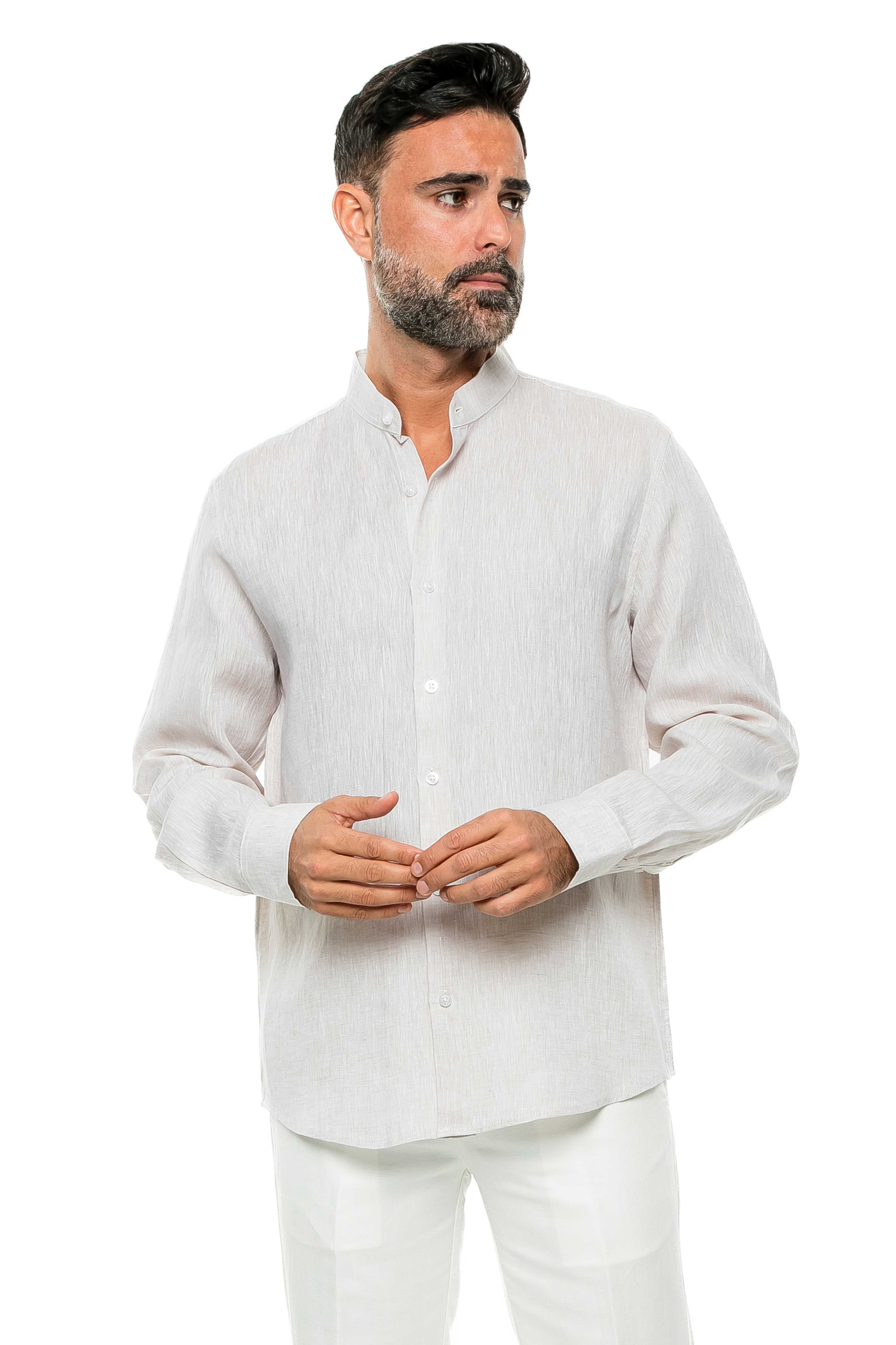 Camisa de manga larga con cuello mandarín, 100 % lino teñido en hilo