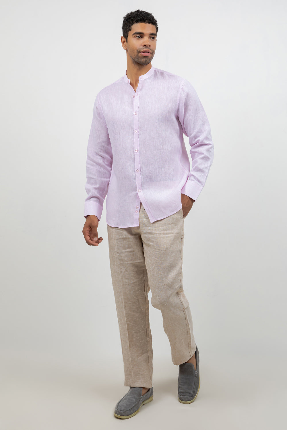 Camisa 100% lino de manga larga con cuello mao