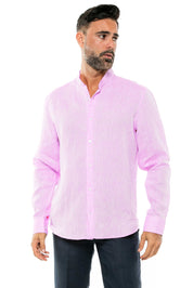 Camisa de manga larga con cuello mandarín, 100 % lino teñido en hilo