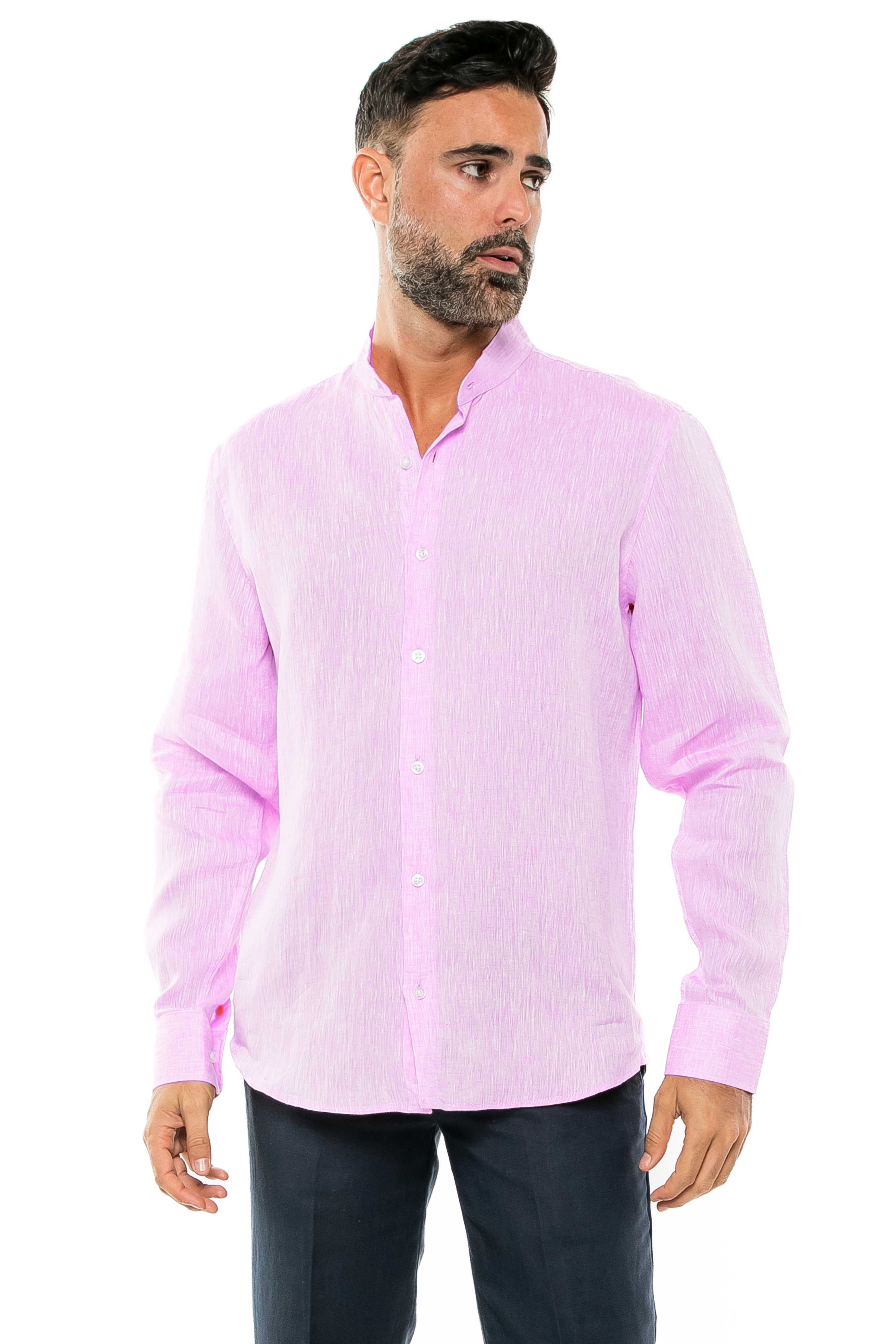 Camisa de manga larga con cuello mandarín, 100 % lino teñido en hilo