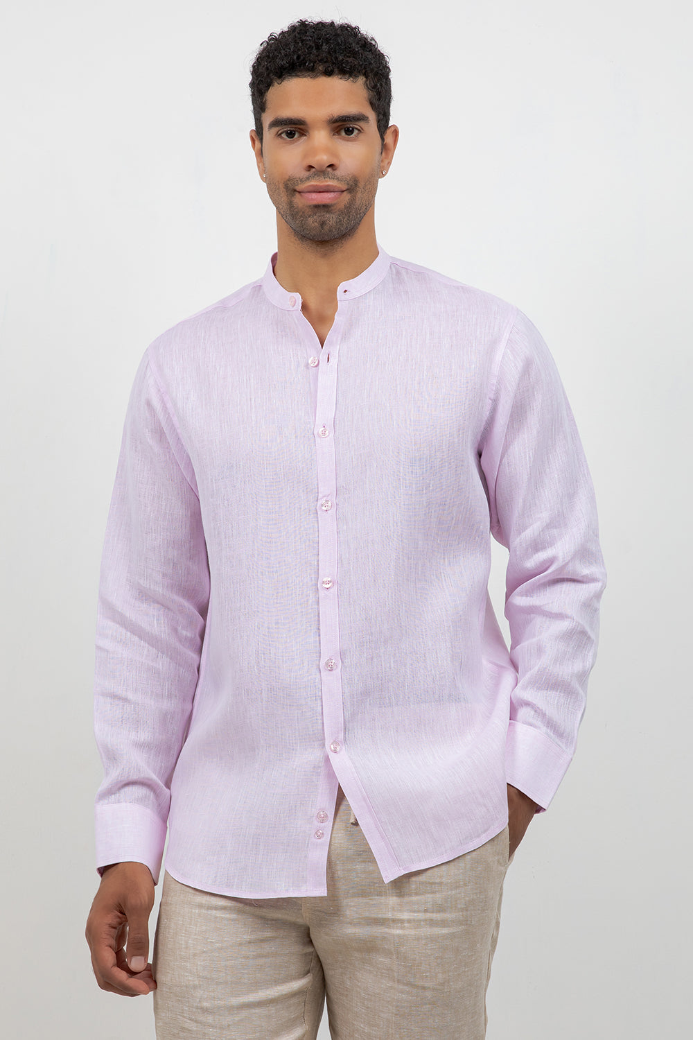 Camisa 100% lino de manga larga con cuello mao