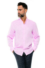 Camisa de manga larga con cuello mandarín, 100 % lino teñido en hilo