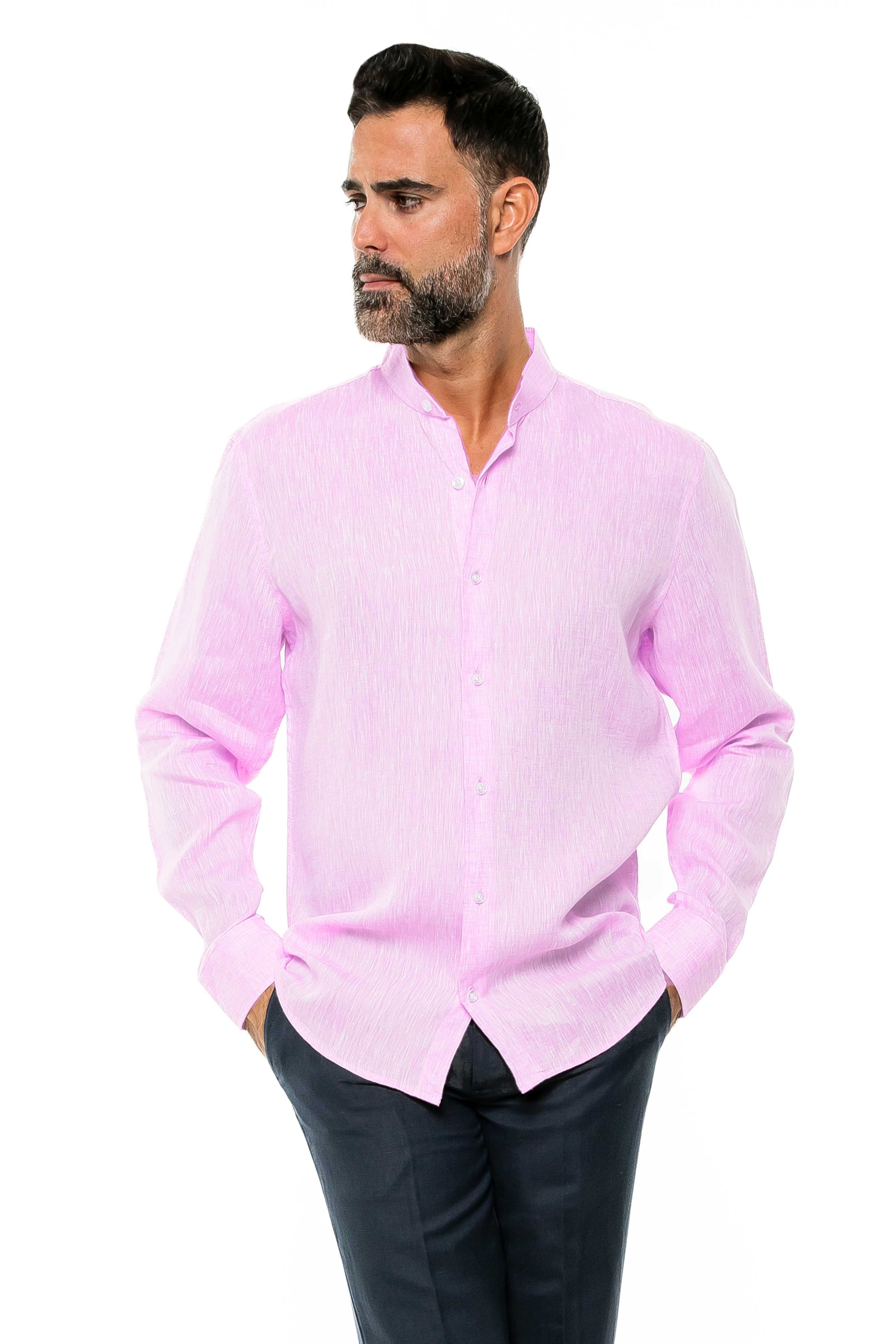 Camisa de manga larga con cuello mandarín, 100 % lino teñido en hilo