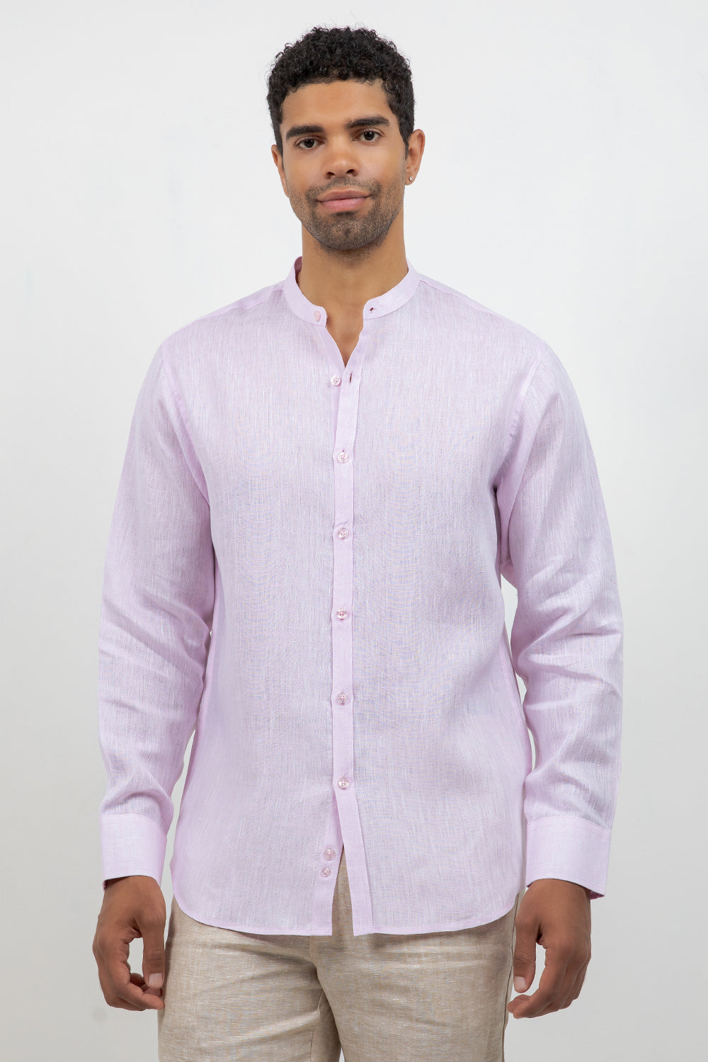 Camisa 100% lino de manga larga con cuello mao