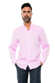 Camisa de manga larga con cuello mandarín, 100 % lino teñido en hilo