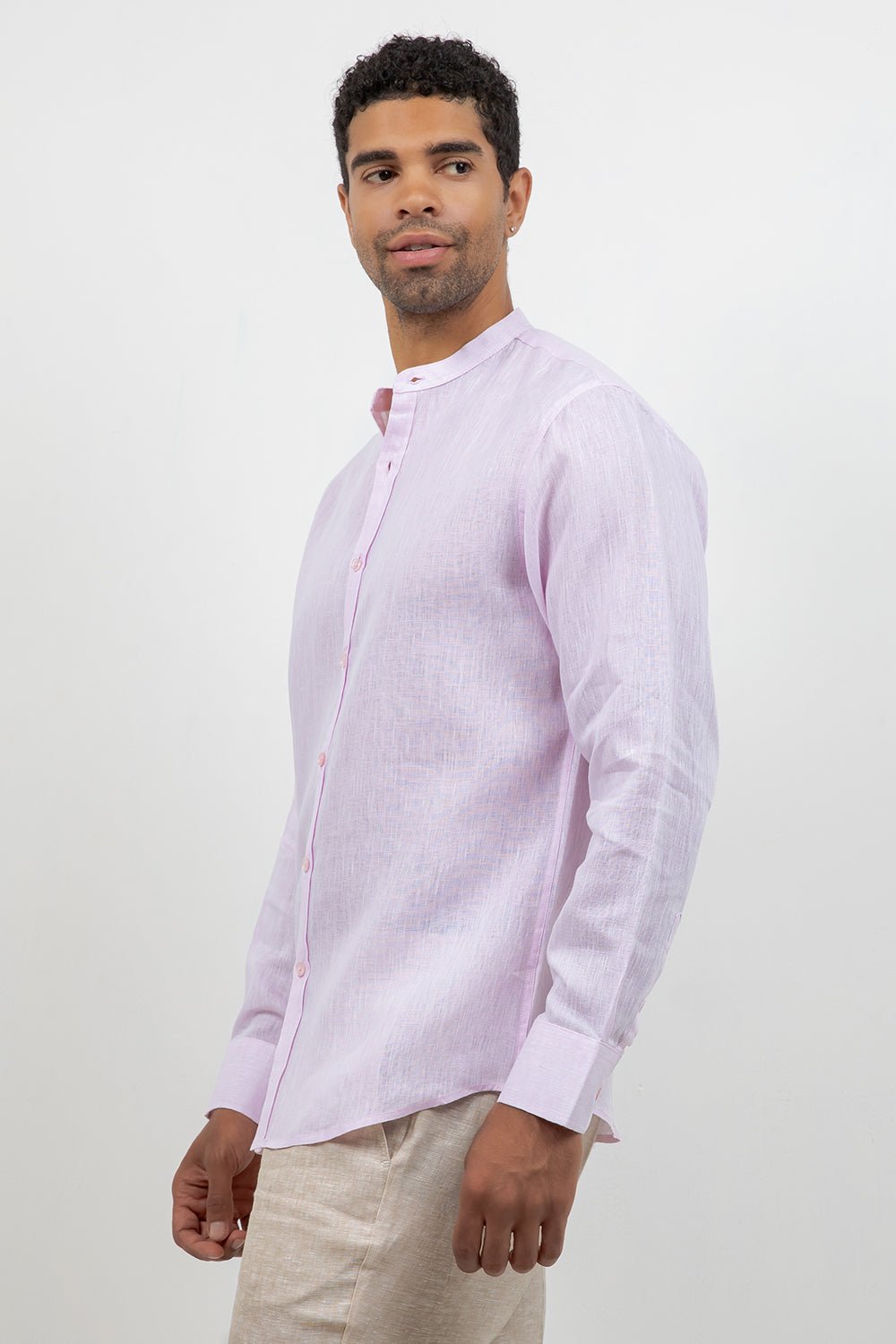 Camisa 100% lino de manga larga con cuello mao