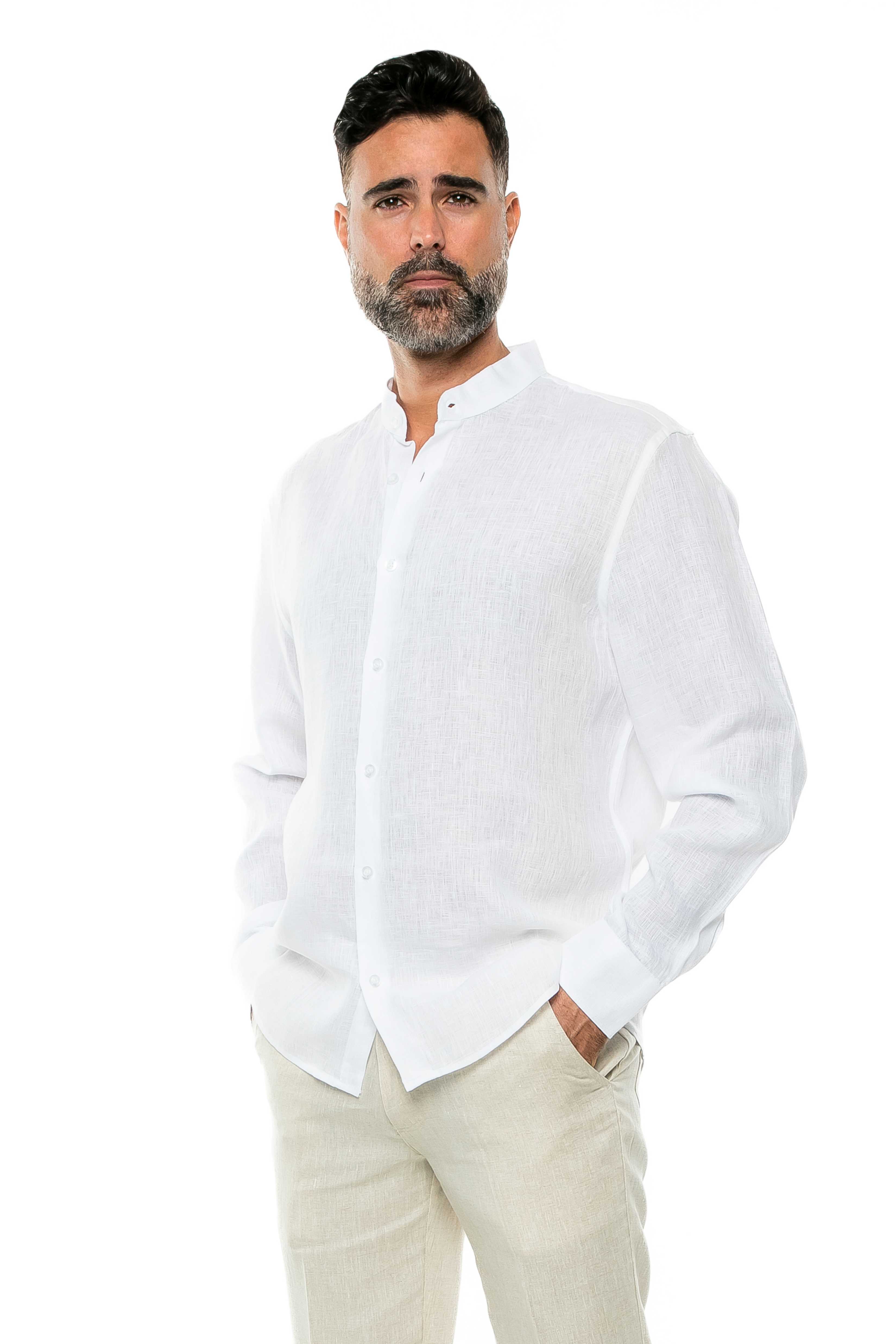 Camisa de manga larga con cuello mandarín, 100 % lino teñido en hilo