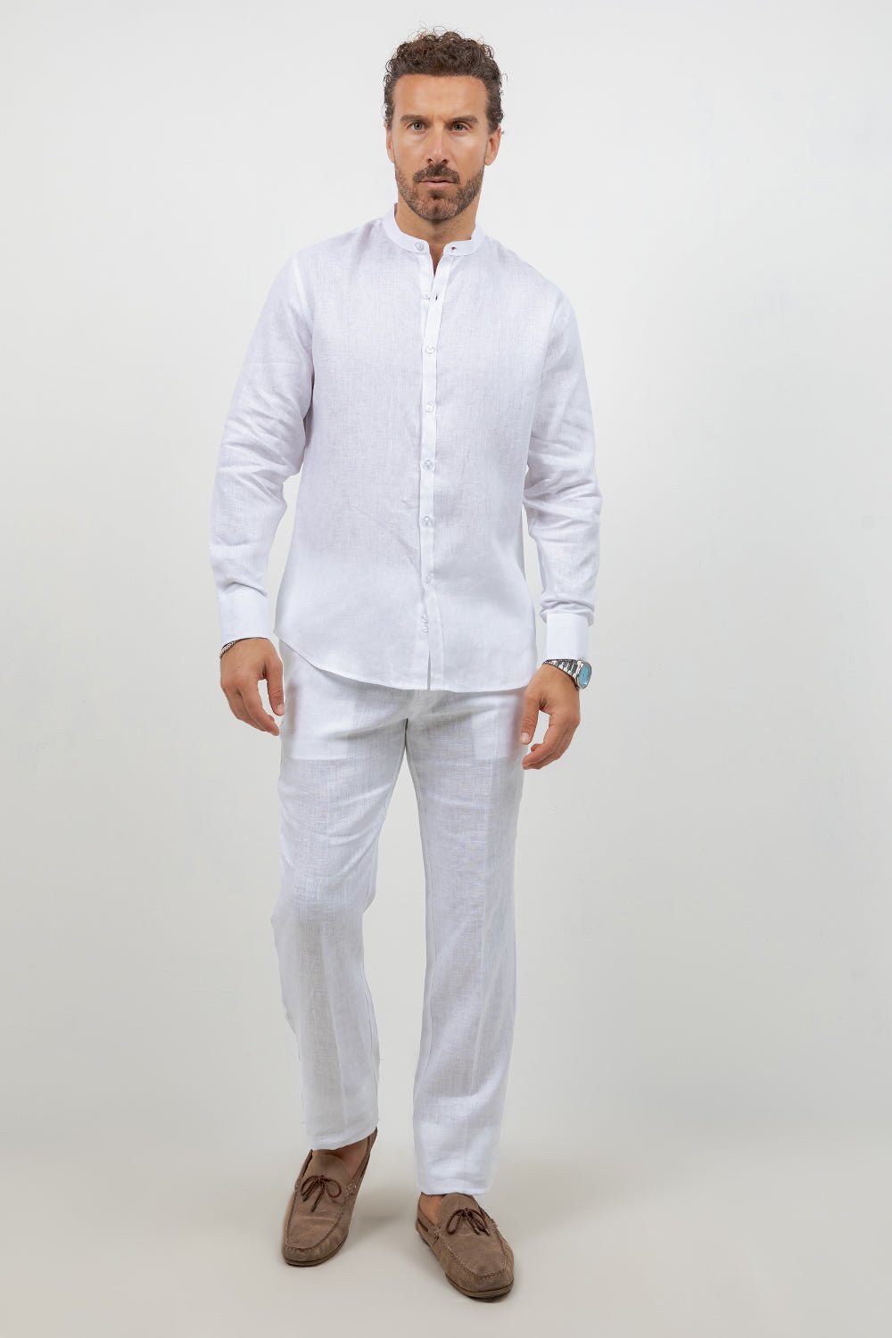 Camisa 100% lino de manga larga con cuello mao