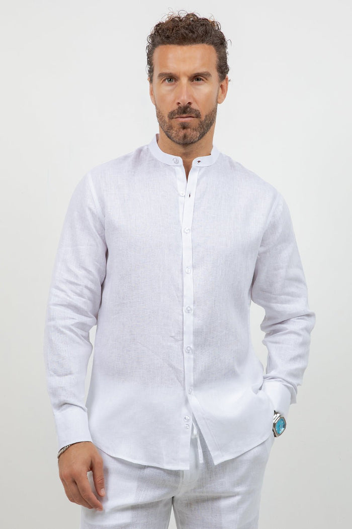 100% Linen Mandarin Collar Long Sleeve Shirt