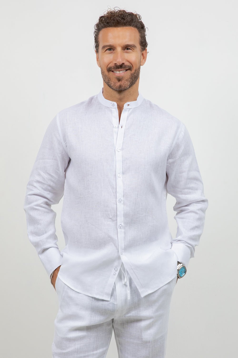 Men's 100% Linen Yarn-Dyed Mandarin Collar Long Sleeve Shirt X-Large / PINK