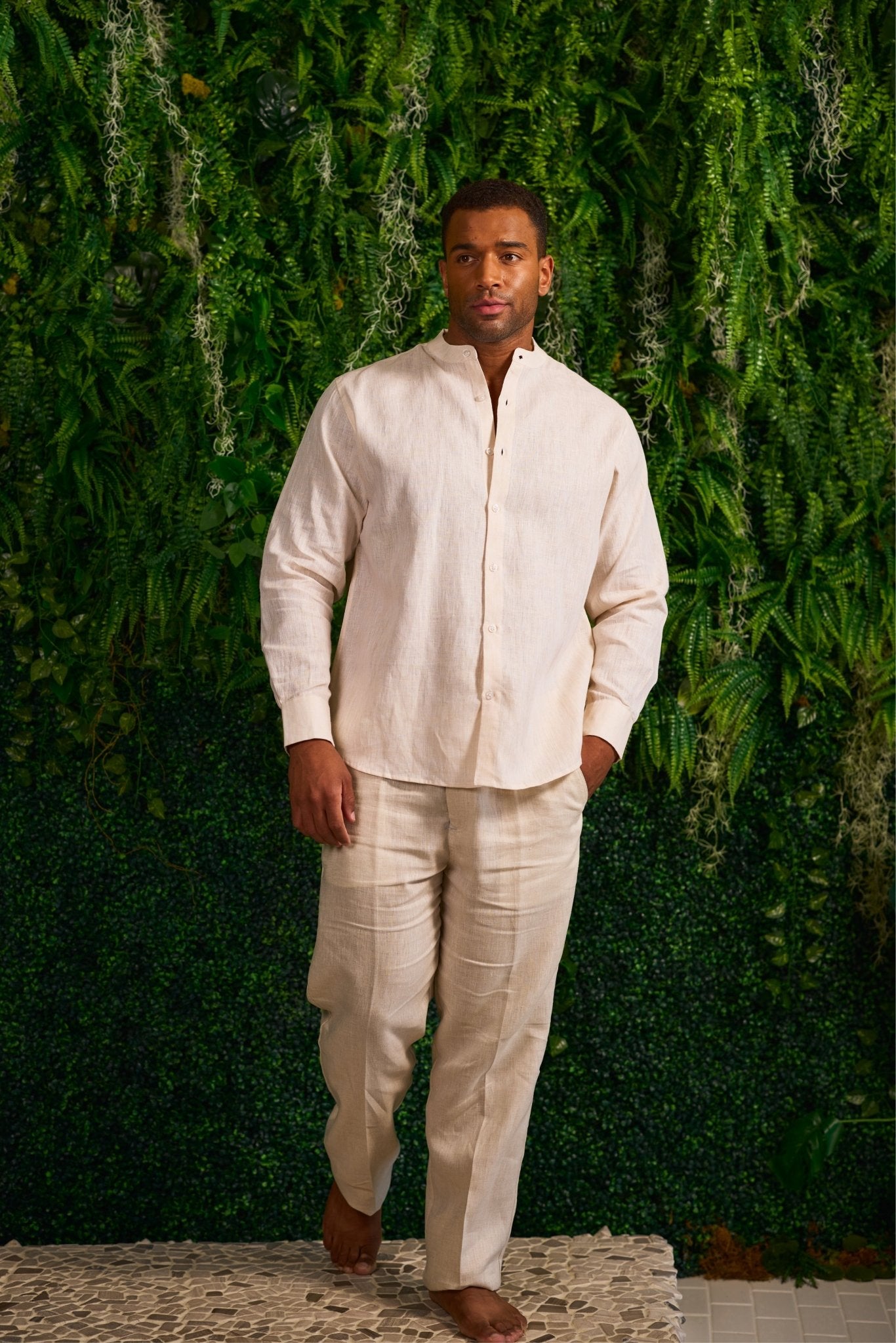 100% Linen Yarn Dyed Mandarin Collar Long Sleeve Shirt – Mojito