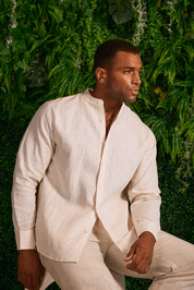 Men's 100% Linen Mandarin Collar Long Sleeve Shirt