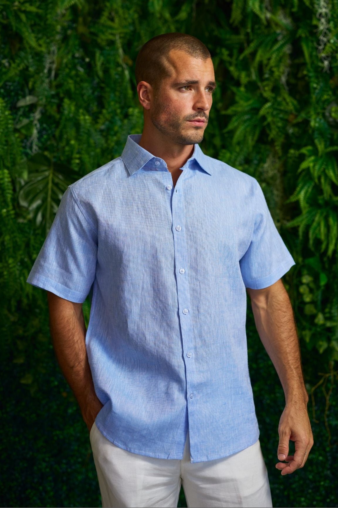 Camisa de lino 100% de manga corta con botones