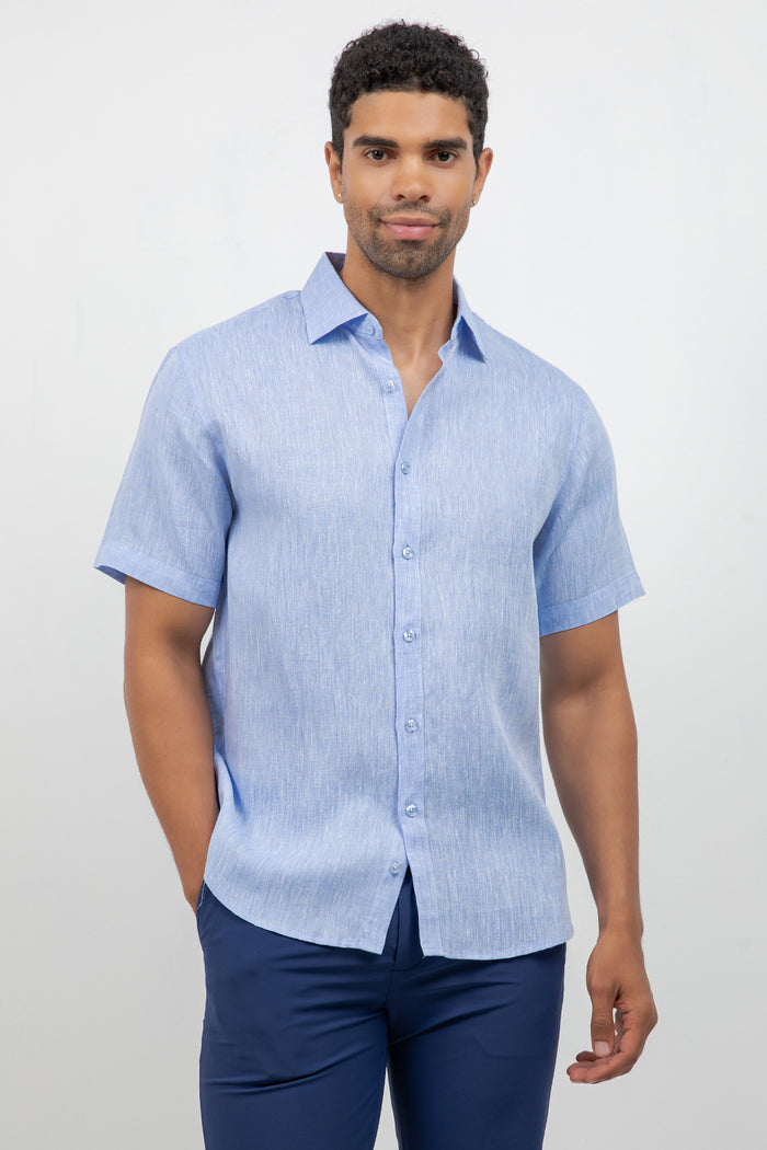 Men's oatmeal beige linen button-down shirt, short sleeve, beach outfit, Mojito Collection