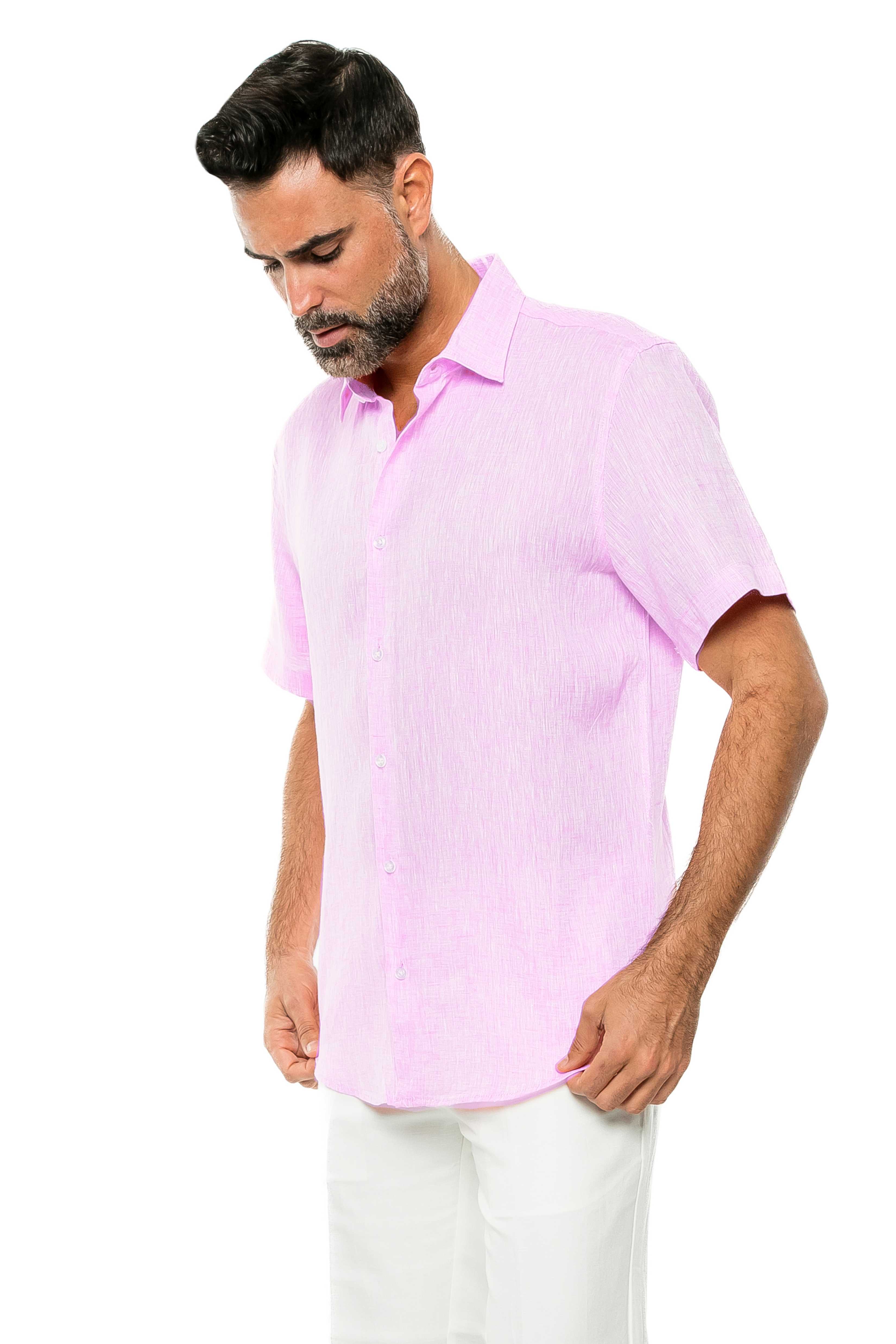 Camisa de manga corta teñida en hilo 100 % lino