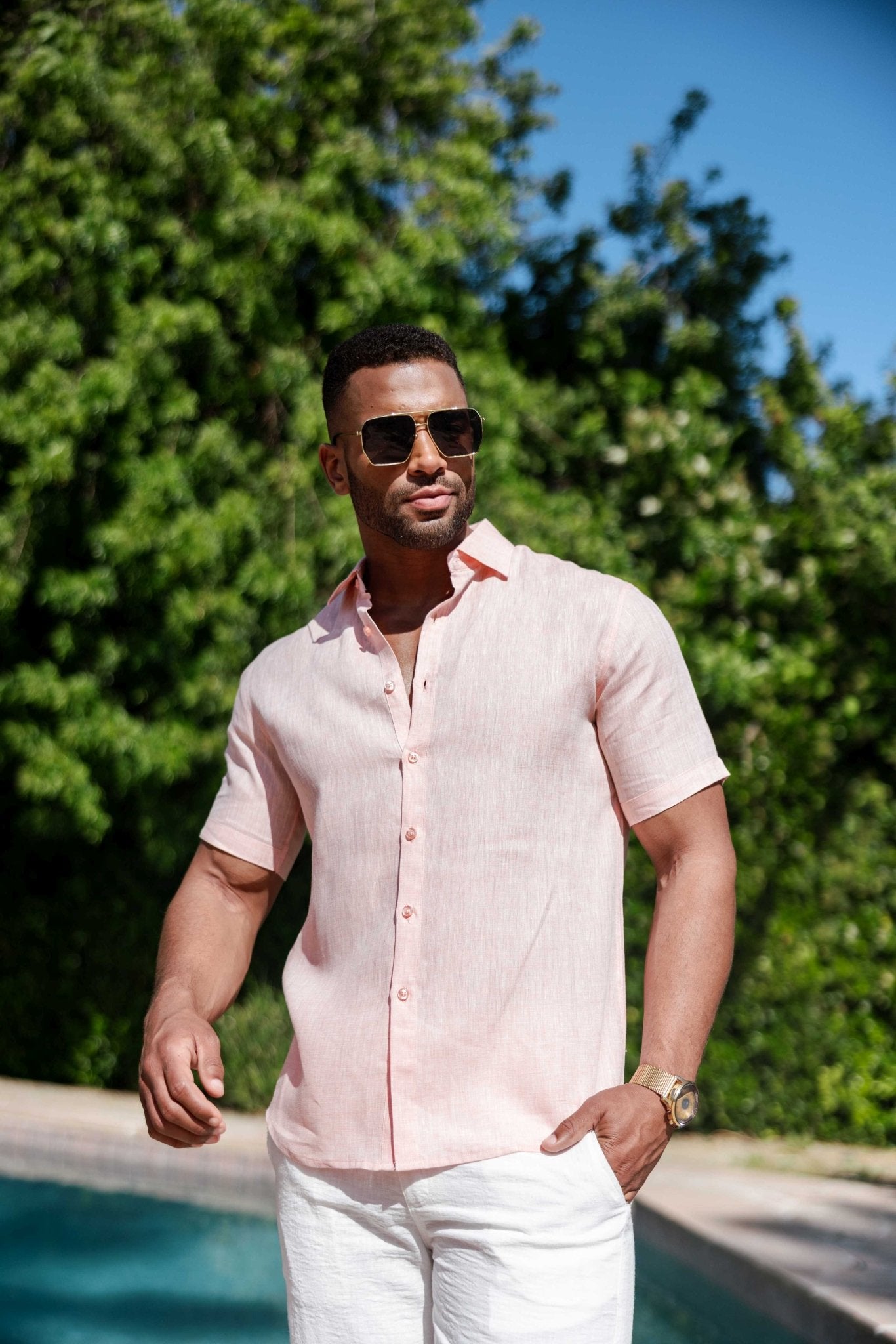 Men's 100% Linen Short Sleeve Button-Down Shirt