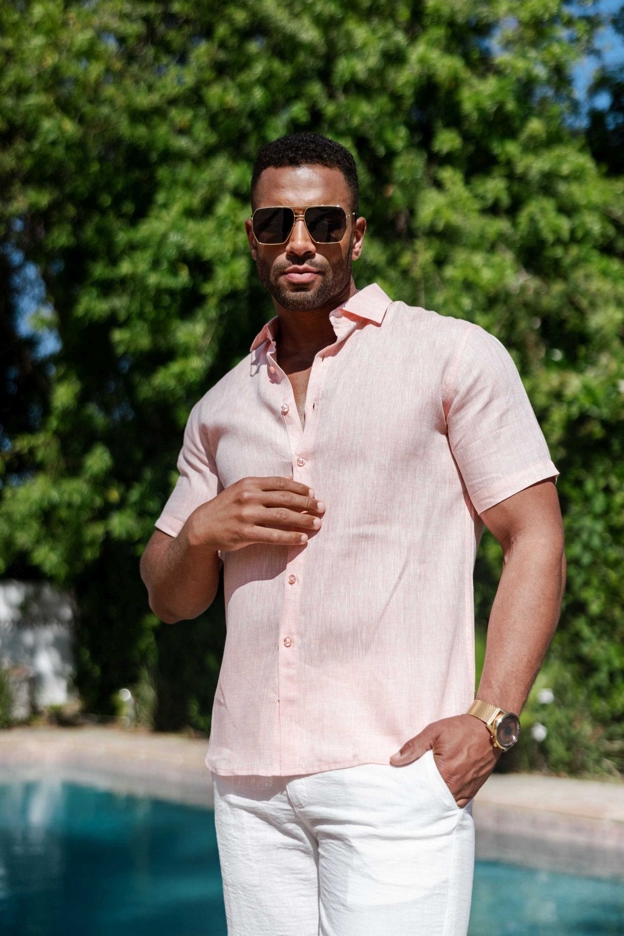 Camisa de lino 100% de manga corta con botones