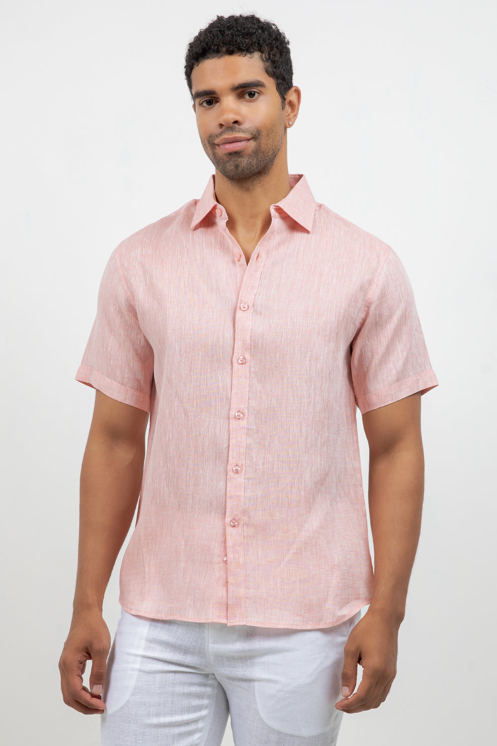 Casual 100% Linen Yarn Dyed Shirt Short Sleeve Button Down Small / White