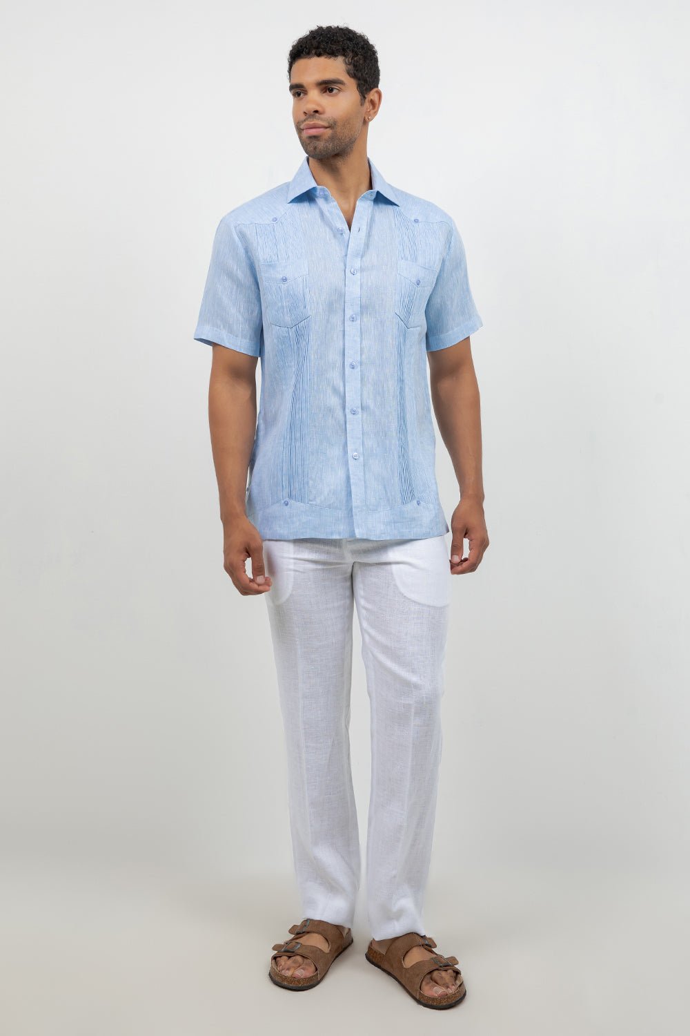 Guayabera de Lino 100% Teñido en Hilo de Manga Corta con Dos Bolsillos
