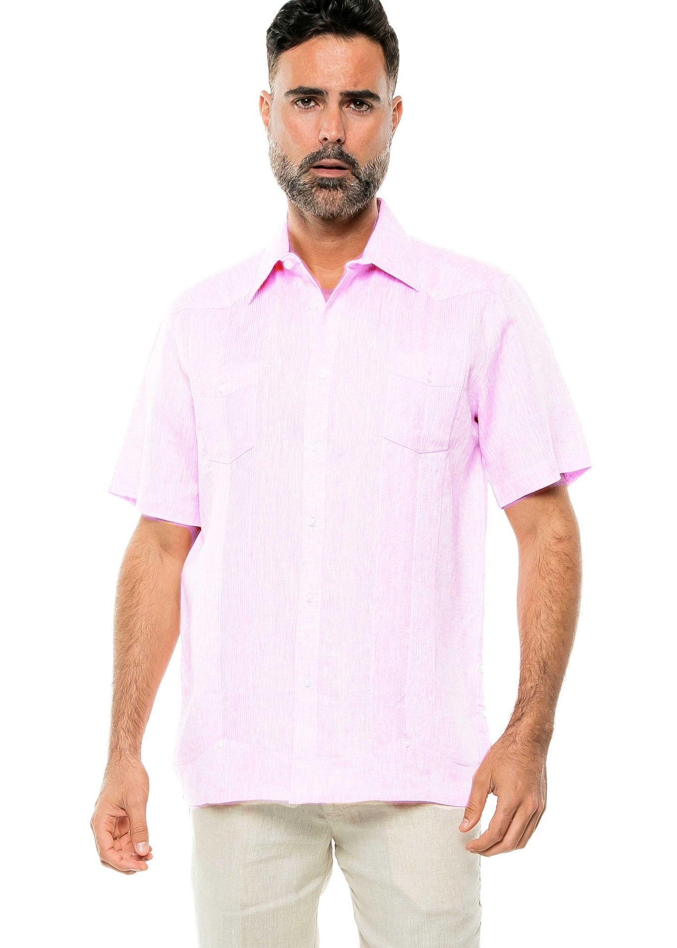 Men's Yarn Dye 100% Linen Guayabera Shirt Short Sleeve 2 Pocket Design