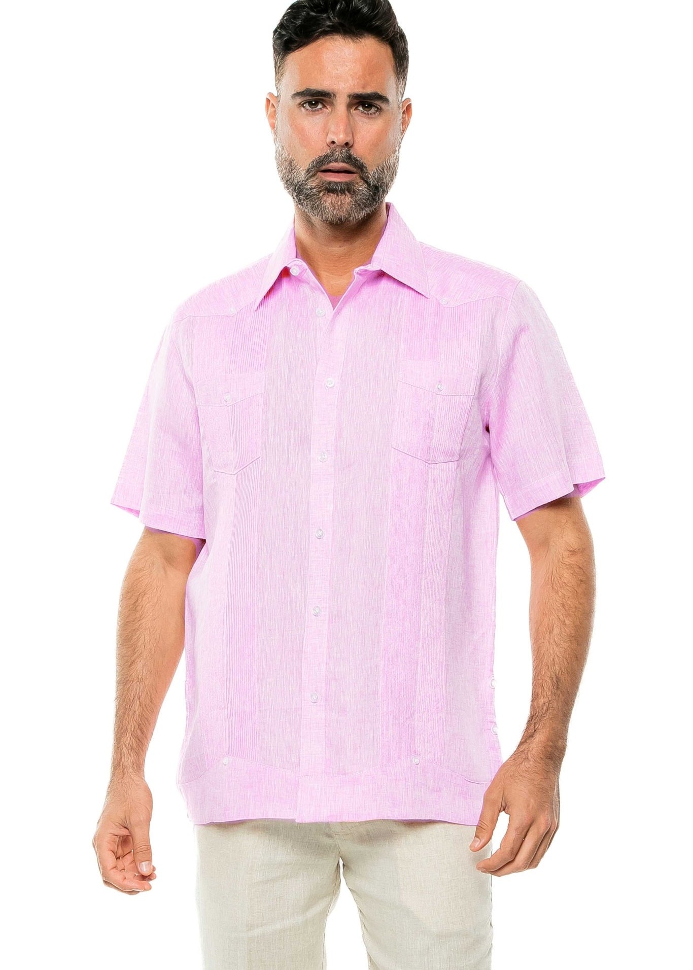 Men's Yarn Dye 100% Linen Guayabera Shirt Short Sleeve 2 Pocket Design