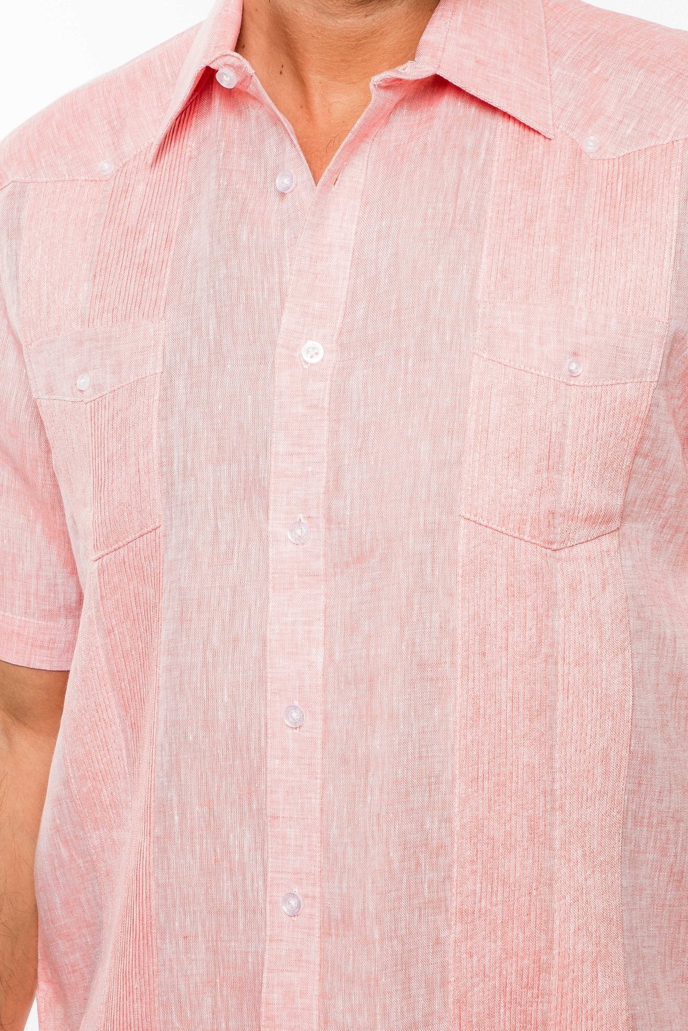 Close-up of a pink Yarn Dye 100% Linen Two Pocket Guayabera; shows the two pockets and button details.