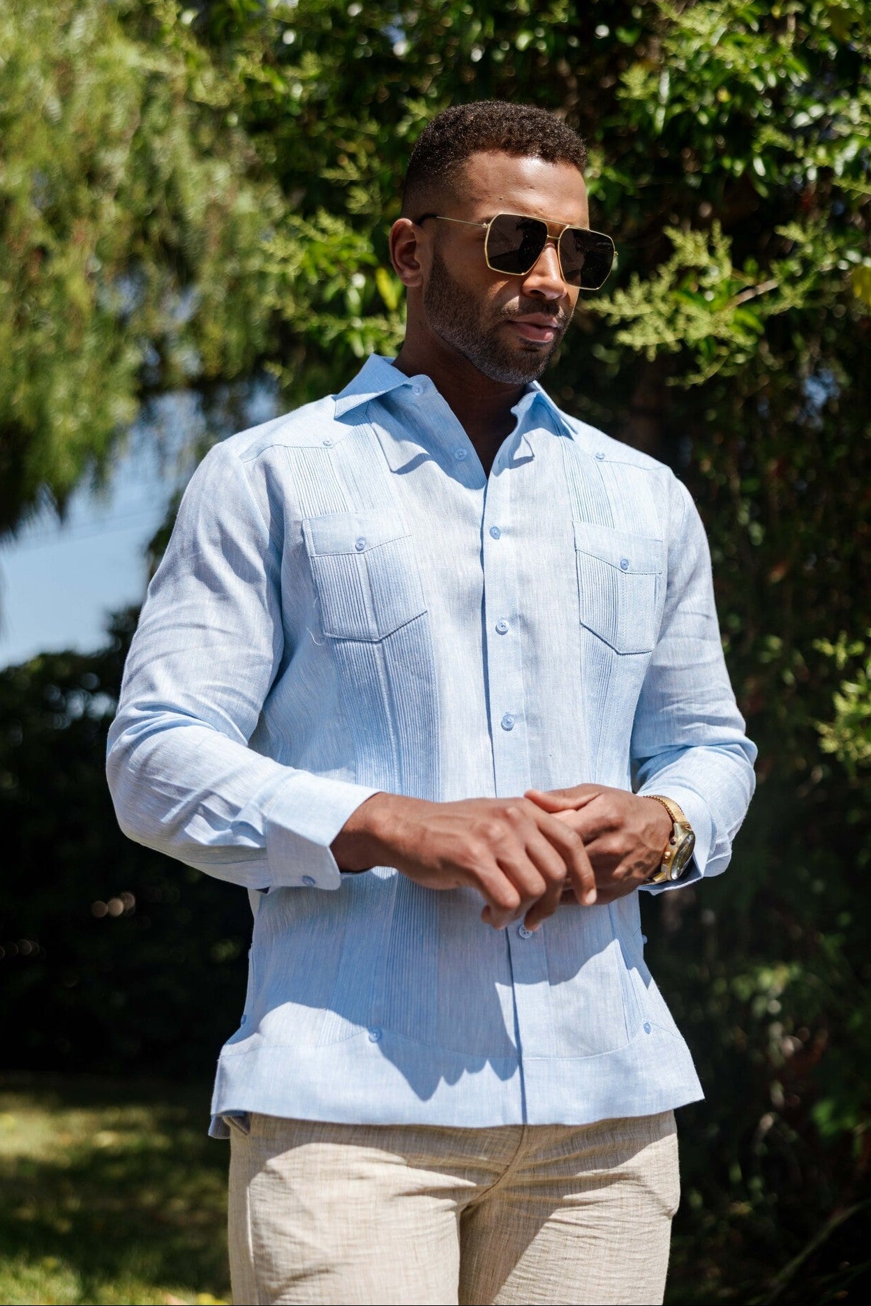 Camisa Guayabera 100% Lino Teñido para Hombre Mojito, Manga Larga, Diseño de 2 Bolsillos
