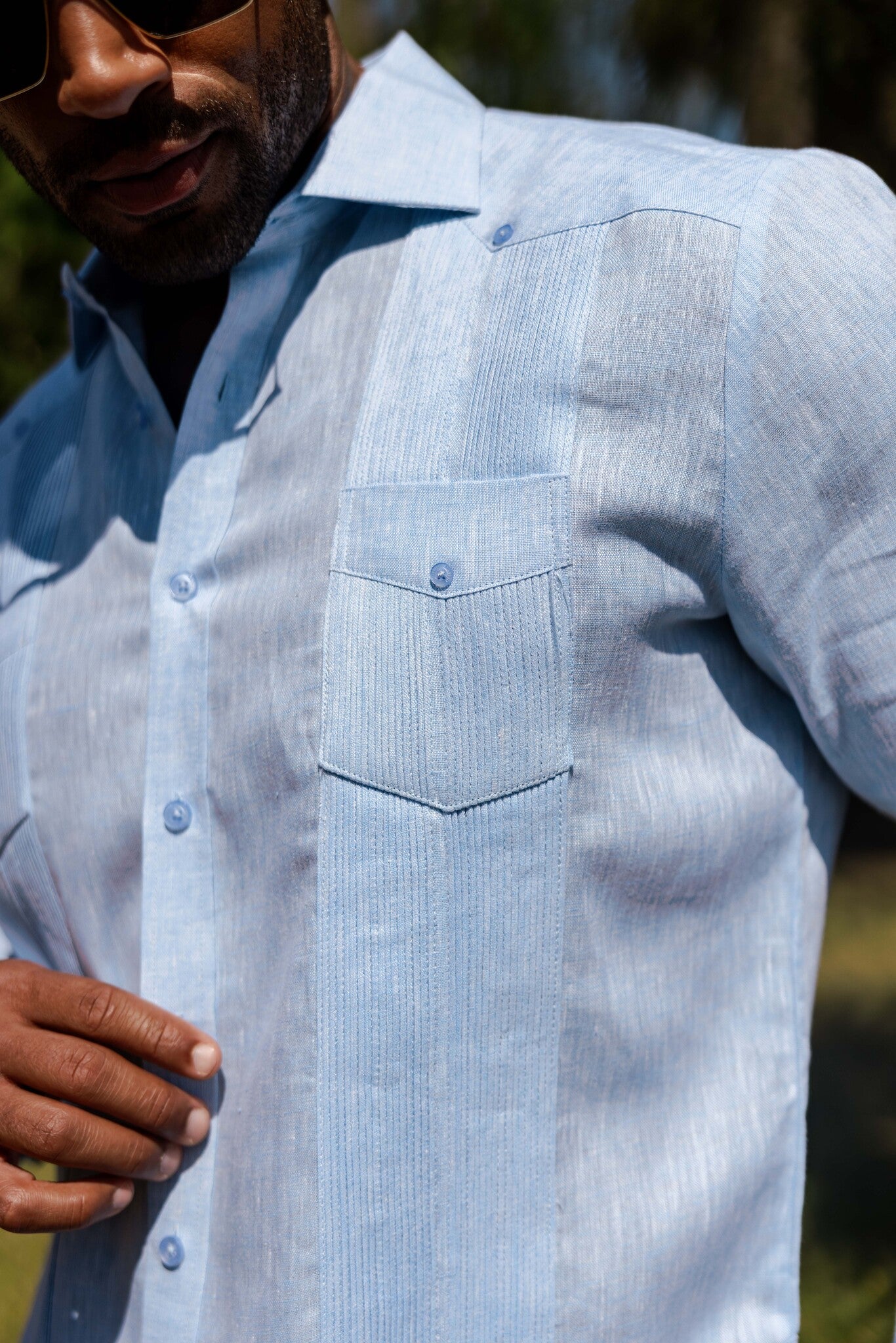 Camisa Guayabera 100% Lino Teñido para Hombre Mojito, Manga Larga, Diseño de 2 Bolsillos