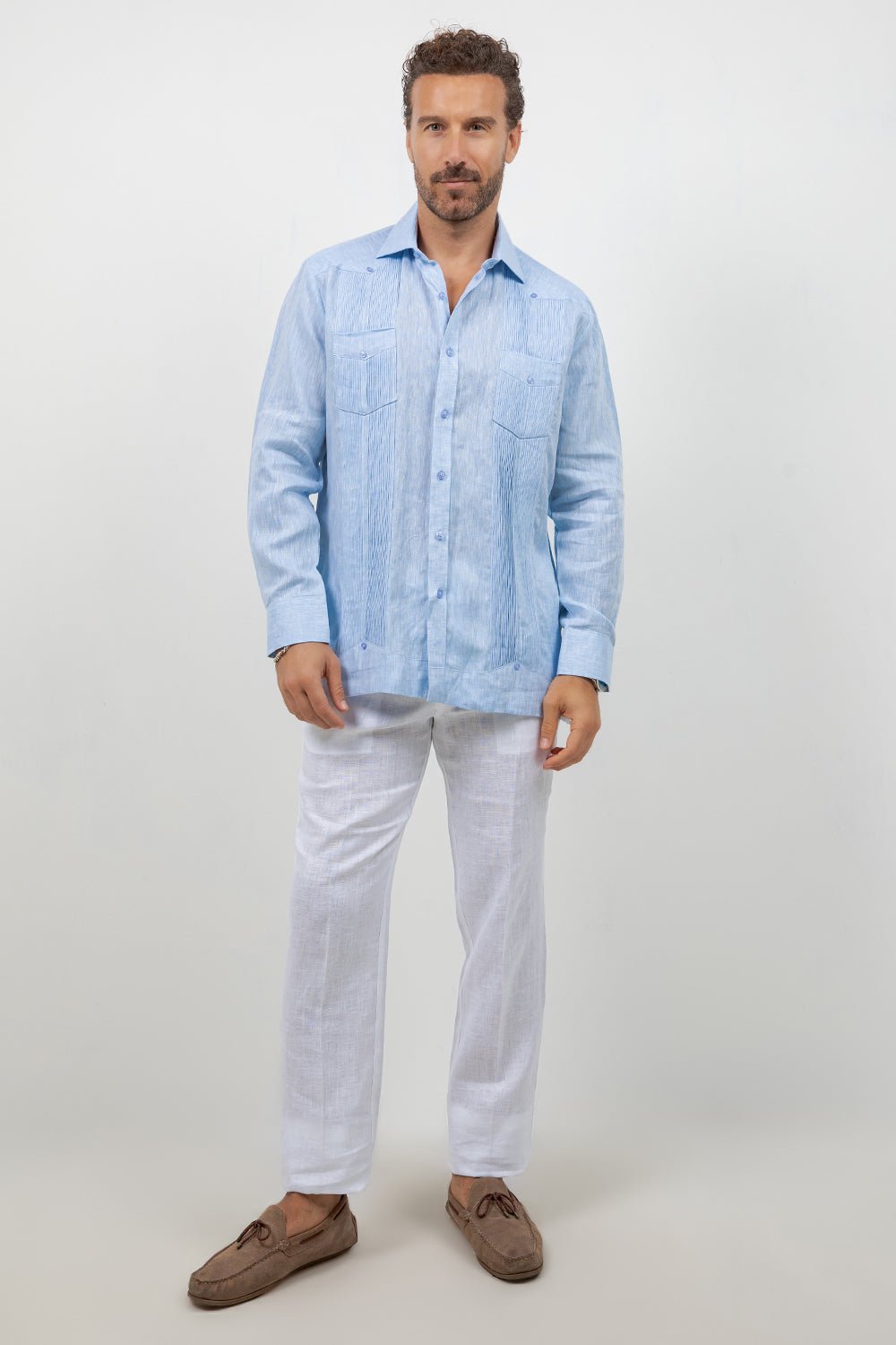 Camisa guayabera de manga larga de lino 100 % teñida en hilo con dos bolsillos