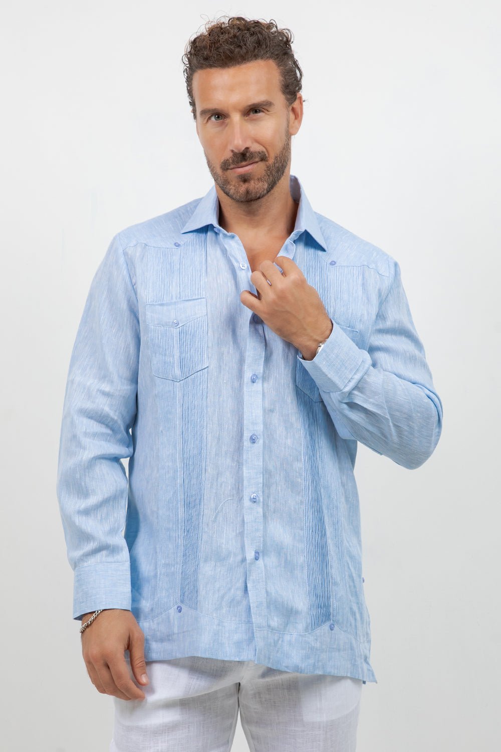 Men's 100% Linen Two-Pocket Guayabera Shirt Long Sleeve – Mojito
