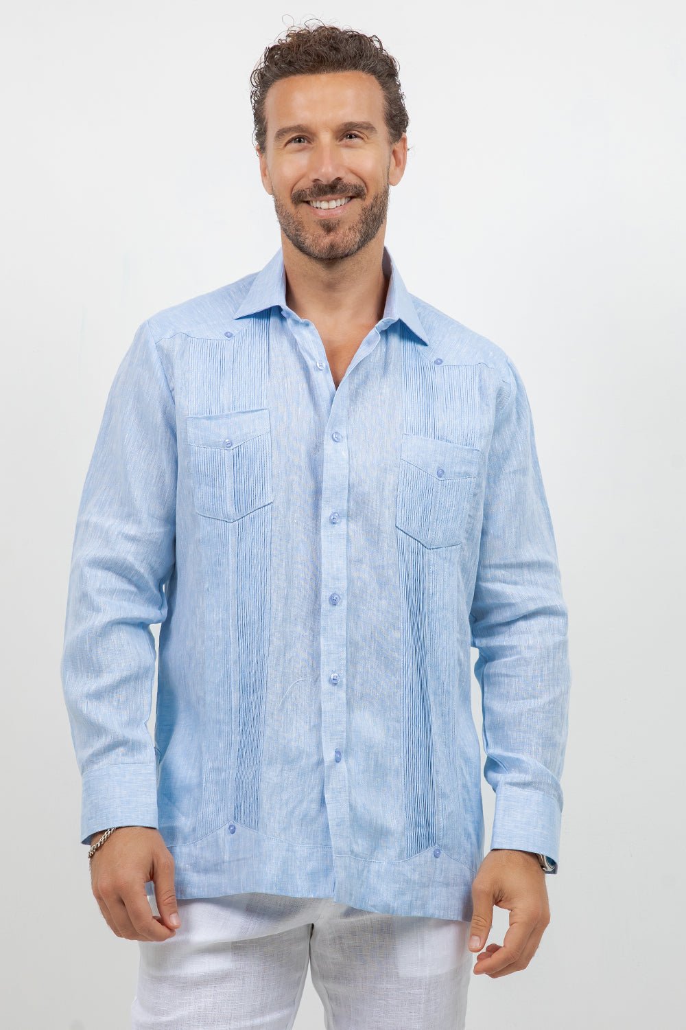 Camisa guayabera de manga larga de lino 100 % teñida en hilo con dos bolsillos