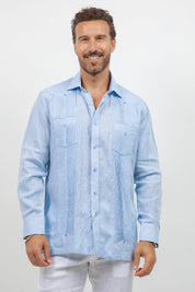 Camisa guayabera de manga larga de lino 100 % teñida en hilo con dos bolsillos