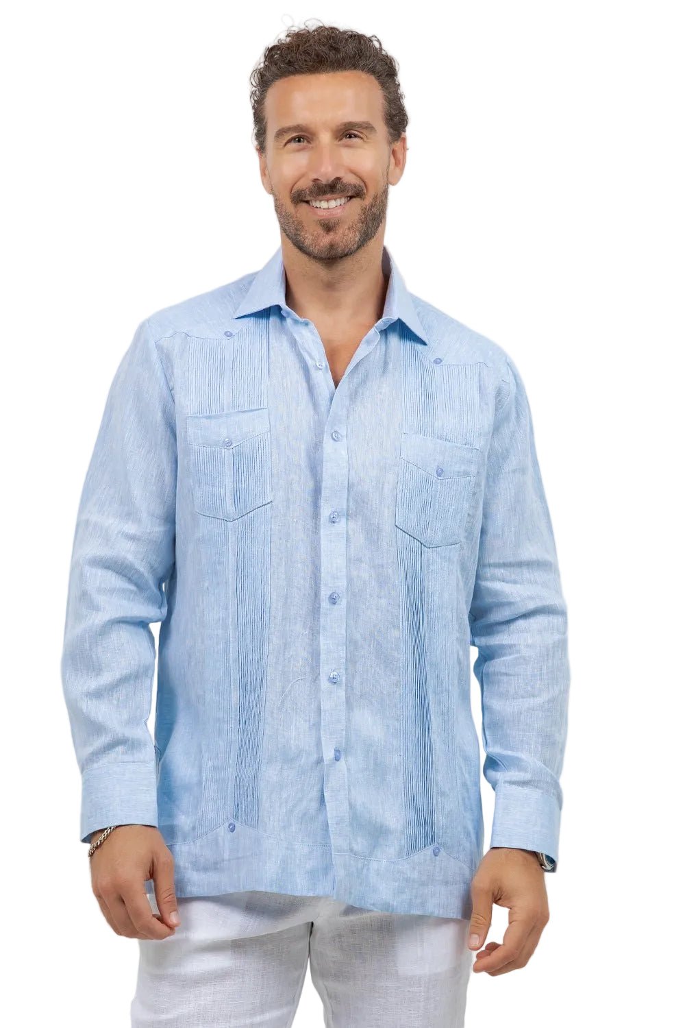 Camisa guayabera de manga larga de lino 100 % teñida en hilo con dos bolsillos
