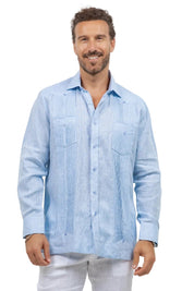 Camisa guayabera de manga larga de lino 100 % teñida en hilo con dos bolsillos