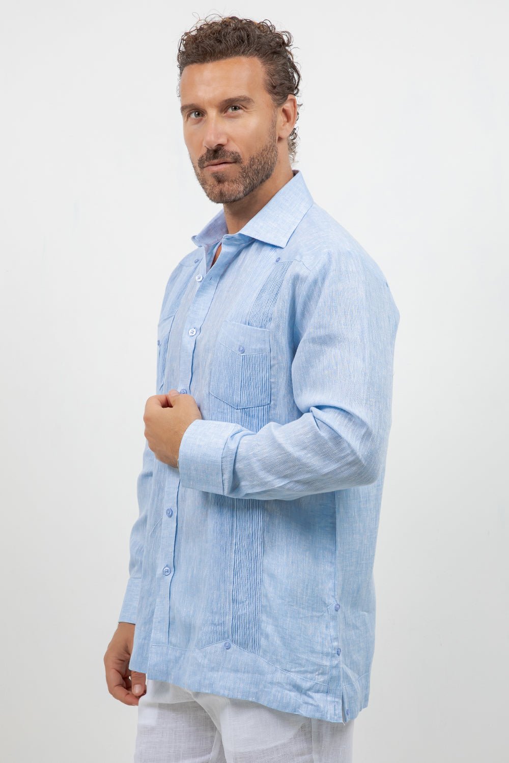 Camisa guayabera de manga larga de lino 100 % teñida en hilo con dos bolsillos
