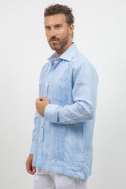 Camisa guayabera de manga larga de lino 100 % teñida en hilo con dos bolsillos
