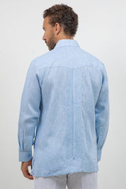 Camisa guayabera de manga larga de lino 100 % teñida en hilo con dos bolsillos