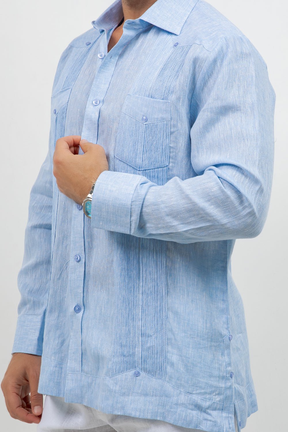 Camisa guayabera de manga larga de lino 100 % teñida en hilo con dos bolsillos